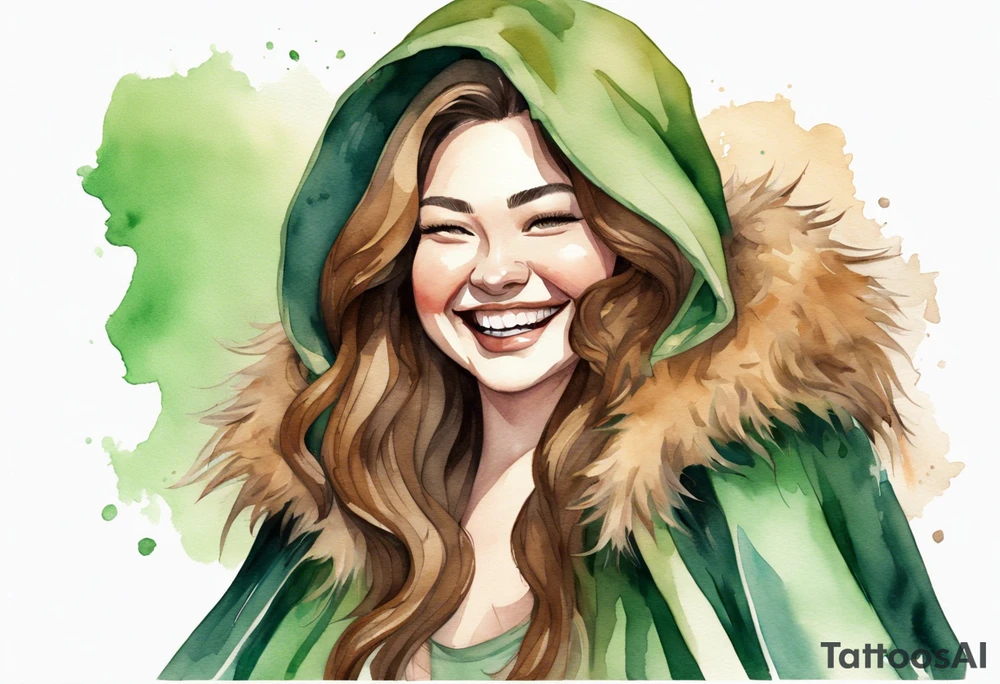 a watercolor of a curvy woman with long brown hair and light brown skin and green eyes wearing a fur cloak laughing tattoo idea