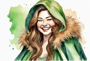a watercolor of a curvy woman with long brown hair and light brown skin and green eyes wearing a fur cloak laughing tattoo idea