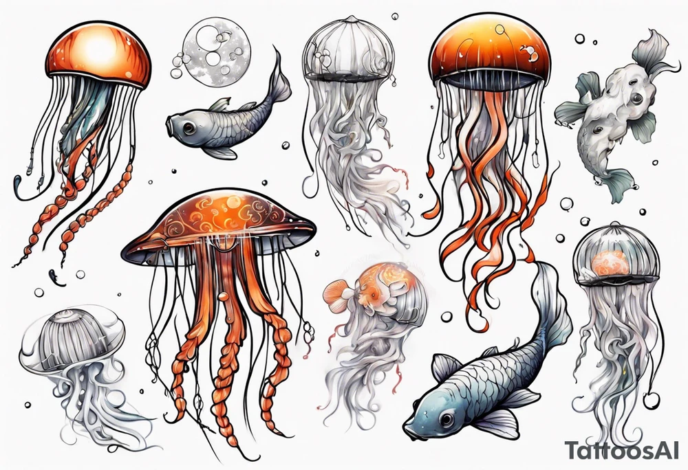 1 jellyfish with the moon in the lid. Then with mini koi carp and jellyfish swimming amongst the tentacles tattoo idea
