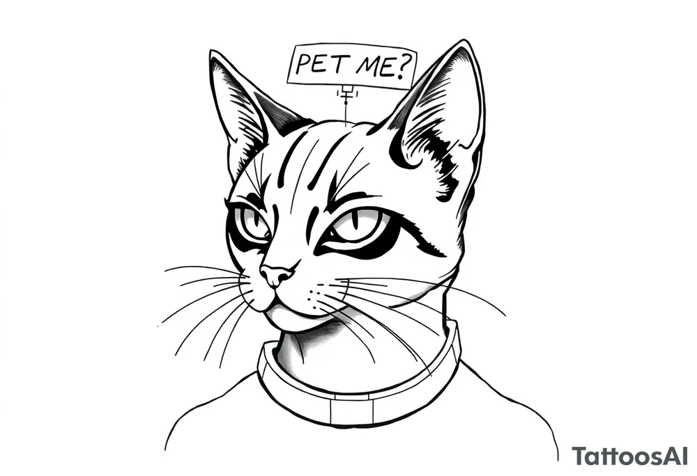 Cybernetic Cat with a Holographic CollarA sleek, cyberpunk cat with one glowing eye and mechanical enhancements.A floating AR display above its head showing "PET ME?"Whiskers made of thin fiber-optic cables. tattoo idea