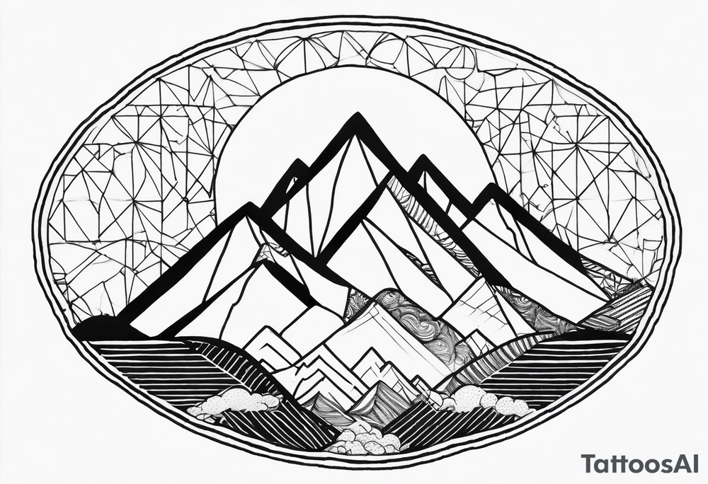 Mountain Massif, one Peak, only peak surrounded woth semi circle dashed Line, in semi circle two littel fine Stars coloured, waves overlapping in Side, Open geometrical Forms Like Diamond with Open lines tattoo idea
