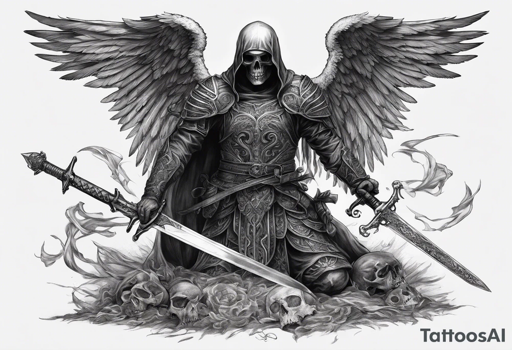 realistic angel of death, man, full body, no face visible, holding one sword in both hands, two hands on the sword, sword pointing downwards, skulls lying on the ground tattoo idea