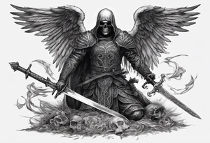 realistic angel of death, man, full body, no face visible, holding one sword in both hands, two hands on the sword, sword pointing downwards, skulls lying on the ground tattoo idea