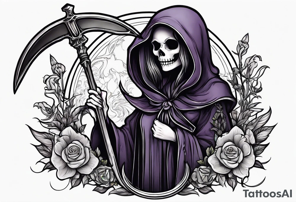 cute feminine grim reaper with scythe and nightshade tattoo idea