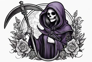 cute feminine grim reaper with scythe and nightshade tattoo idea