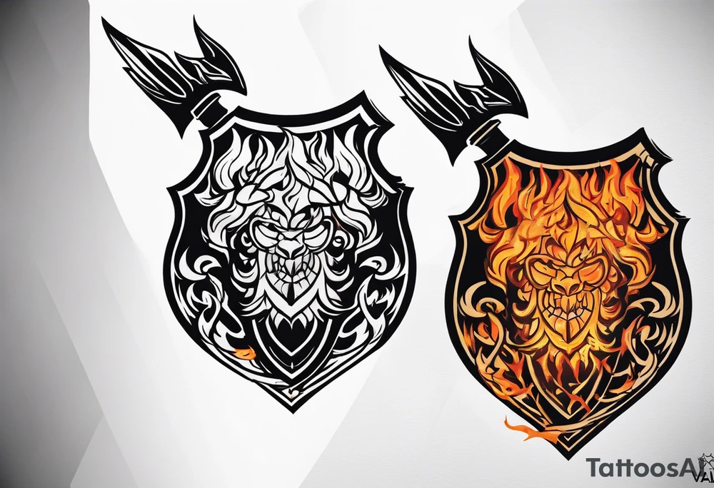 valhalla on fire sword shield axe tattoo idea