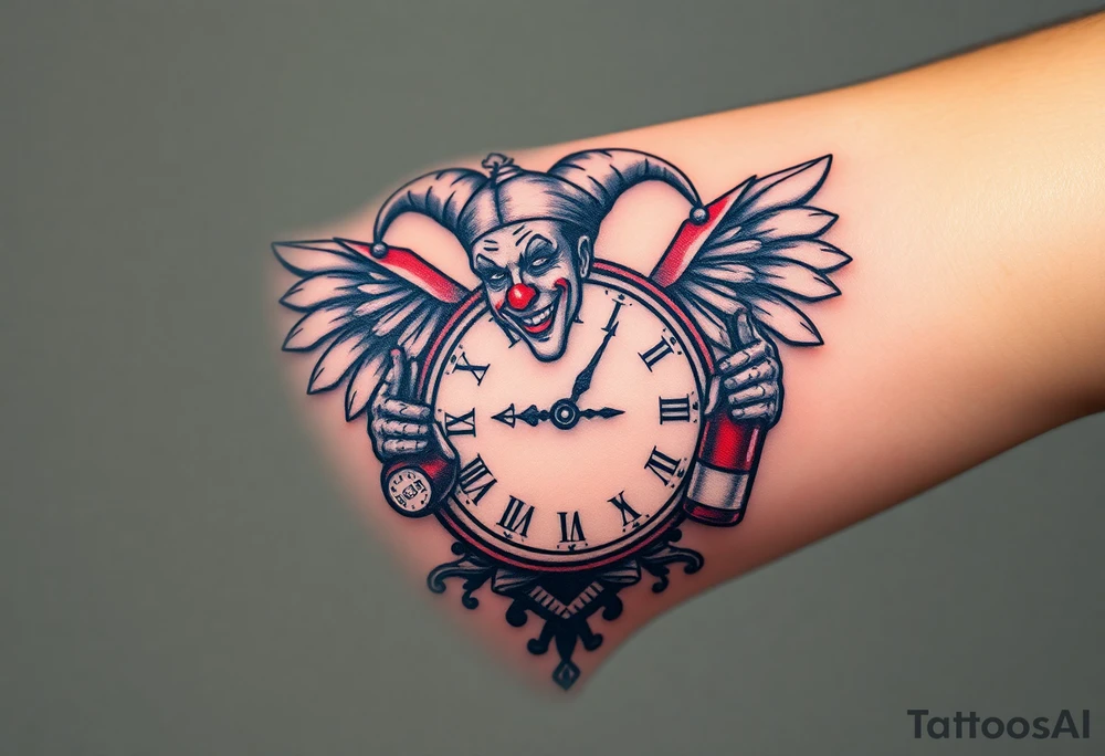 a jester clown floating in smoke with a  clock, the time says 420,  with two open wings besides the clock, smoke as the spring rising from the clock, a jester clown coming out the smoke, smoking in one hand with a liquor bottle on the other hand tattoo idea