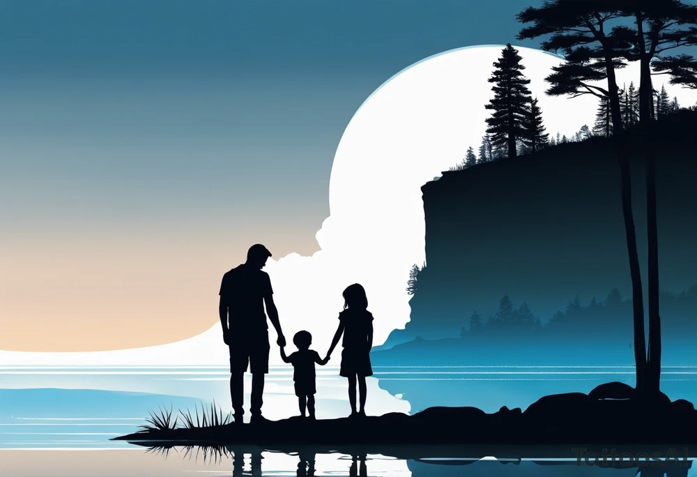 Silhouette of father standing in between daughter and younger son in front of water with reflection and waterfall with the waterfall only being blue. Everything else black and white. 6 year old daughter on one side and 2 year old son on the other side of the father tattoo idea