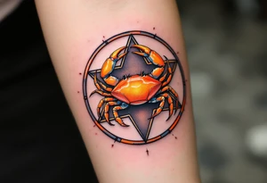 A vibrant orange crab rests at the center of the Cancer star pattern on a muted charcoal background. tattoo idea