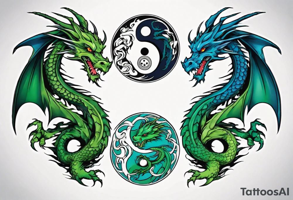 ying yang dragon half blue half green tattoo idea