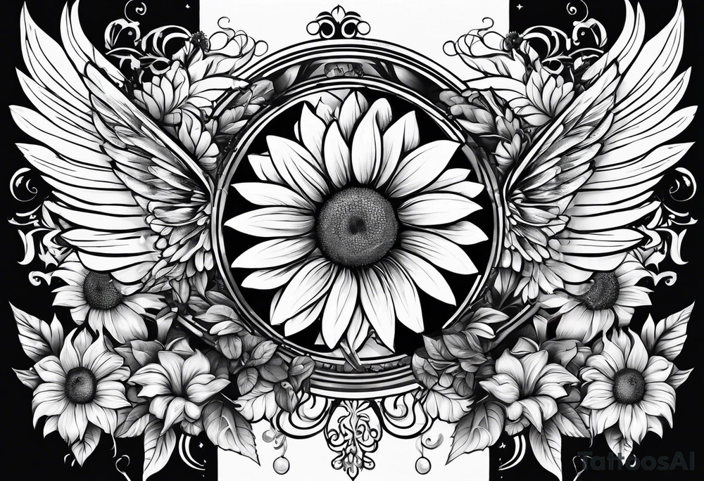 Sleeve with angel wings, sunflower and butterfly tattoo idea