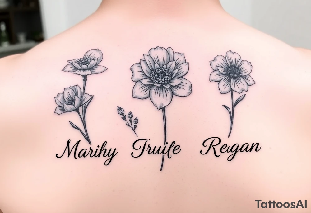 March, July and January birth month flowers with the names Riley, Grace and Regan tattoo idea