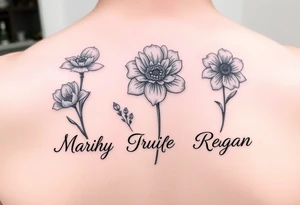 March, July and January birth month flowers with the names Riley, Grace and Regan tattoo idea