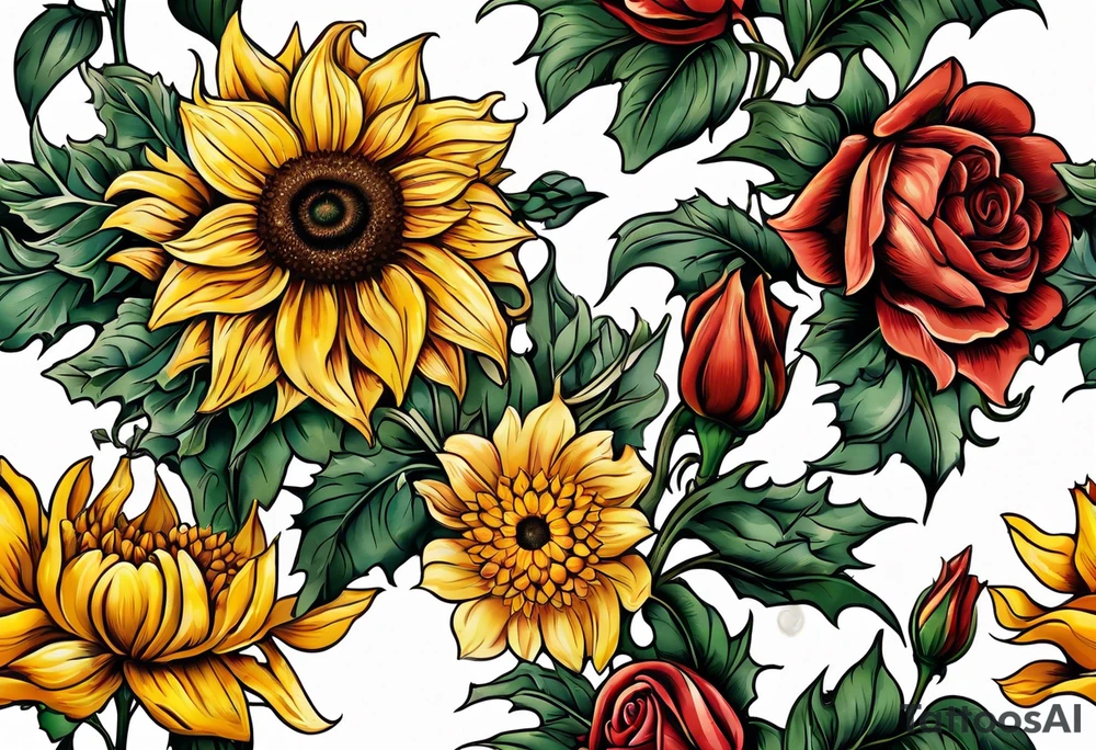 Sunflower daffodil, daisy, rose, Adler, chrysanthemum, holly tattoo idea
