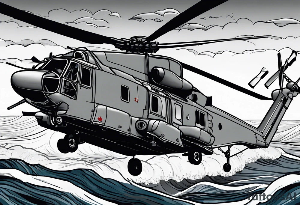 Canadian military grey CH-148 Cyclone helicopter soaring low over rough, ocean waves. In the background, a poppy be prominently displayed tattoo idea