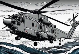 Canadian military grey CH-148 Cyclone helicopter soaring low over rough, ocean waves. In the background, a poppy be prominently displayed tattoo idea