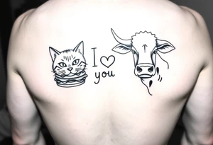 A cat saying I love you cheeseburger and a cow saying I love you king pao chicken tattoo idea