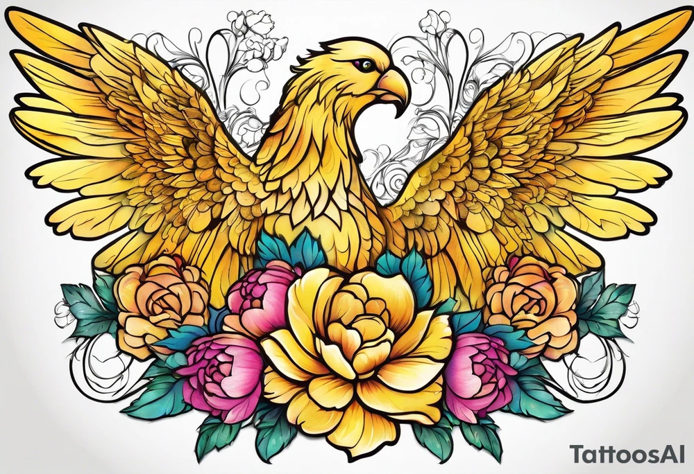 beautiful golden yellow angel wings with colorful peonies. beautiful flilligree in the background , full color tattoo idea