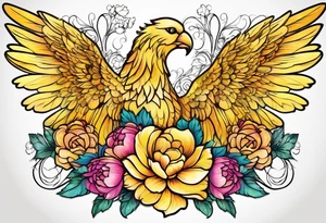 beautiful golden yellow angel wings with colorful peonies. beautiful flilligree in the background , full color tattoo idea