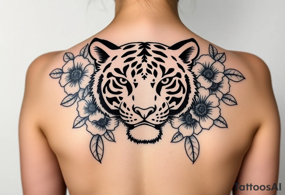 a whole tiger with some flowers around it tattoo idea