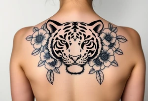 a whole tiger with some flowers around it tattoo idea