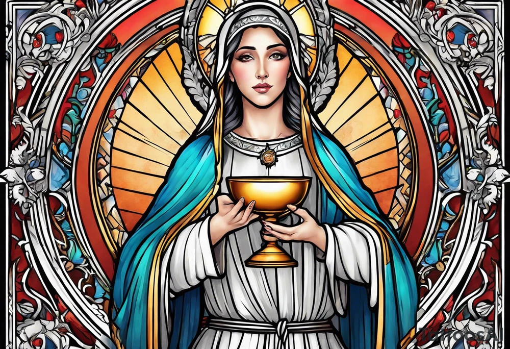 holy saint woman with halo holding a chalice tattoo idea