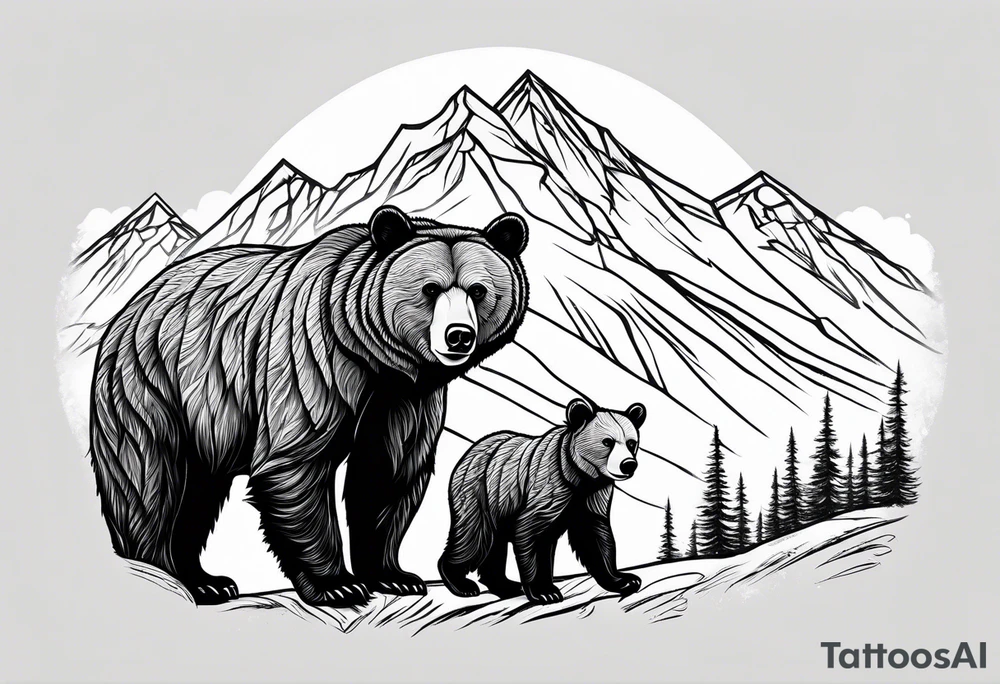 mamma bear and cub with mountains tattoo idea