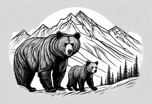 mamma bear and cub with mountains tattoo idea