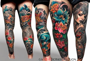 Full leg tattoo from hip to foot, straight drawing tattoo idea