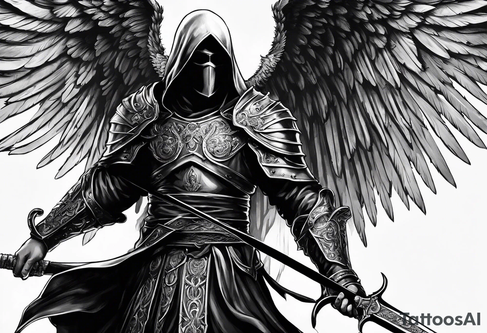 realistic angel of death, man, full body, no face visible, holding one sword, sword vertically pointing downwards, both hands are holding the sword tattoo idea