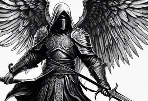 realistic angel of death, man, full body, no face visible, holding one sword, sword vertically pointing downwards, both hands are holding the sword tattoo idea