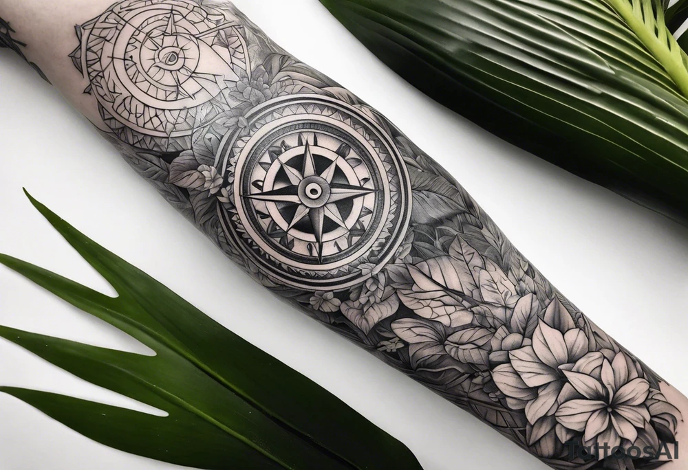 arm sleeve tattoo with Viking compass and all-seeing eye surrounded by jungle plants tattoo idea