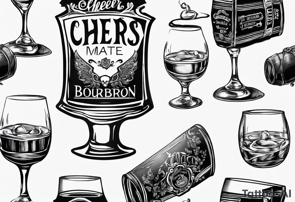 Cheers Mate text, armband +Cancer Ribbon  + bourbon whiskey glass tattoo idea