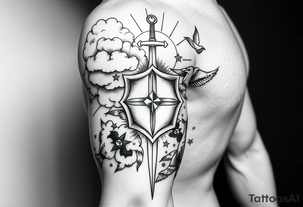 clouds, sword, shield, cross, birds, sun rays tattoo idea clouds, sword, shield, cross, birds, sun rays tattoo idea