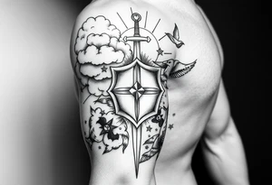 clouds, sword, shield, cross, birds, sun rays tattoo idea