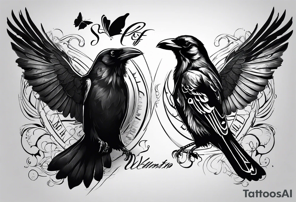 Black and white tattoo. The main image is a raven and a butterfly flying together towards the sky. The raven is shrouded in light and the butterfly in darkness. In the background you can see a 46 (from Valentino Rossi). You can also see a small scorpion and an 89, as well as a large lettering that reads "SKF". tattoo idea
