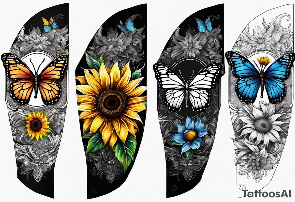 Arm sleeve with Winged cross with sunflower and butterflies tattoo idea