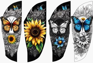 Arm sleeve with Winged cross with sunflower and butterflies tattoo idea