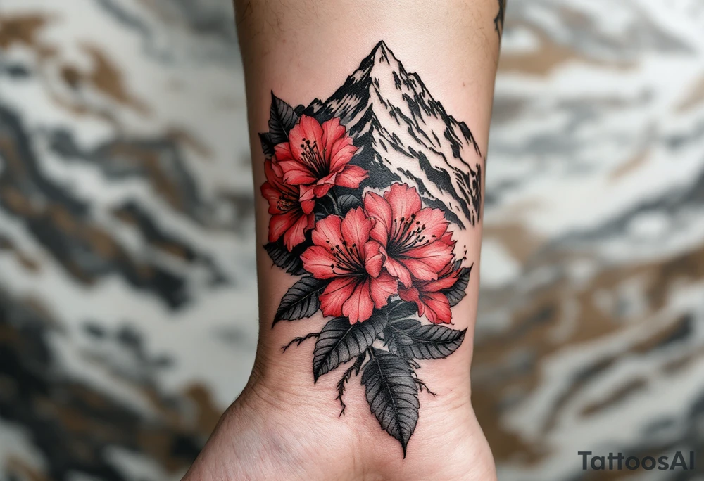 vertical wrist size red  and black rhododendron trippy with Himalayas behind tattoo idea