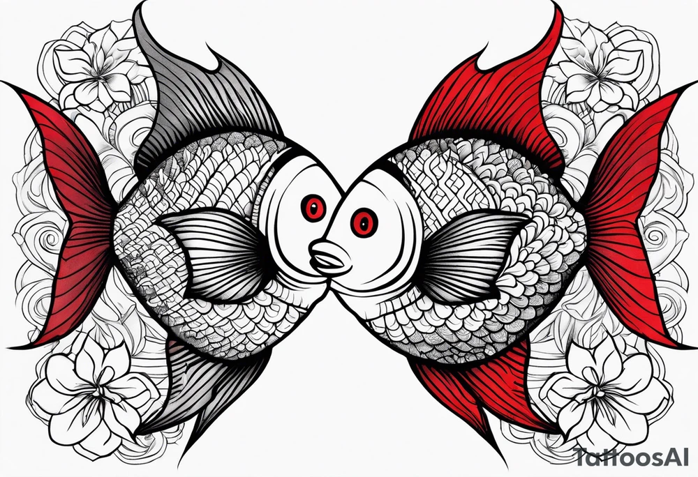 twin coi fish one red one black with waves and lotus flowers tattoo idea