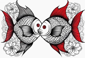 twin coi fish one red one black with waves and lotus flowers tattoo idea