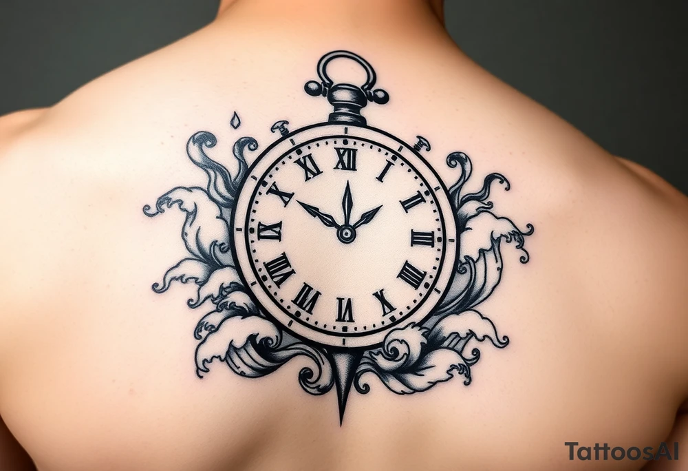 Nautical theme clock surrounded by waves tattoo idea