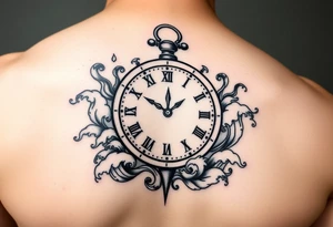 Nautical theme clock surrounded by waves tattoo idea