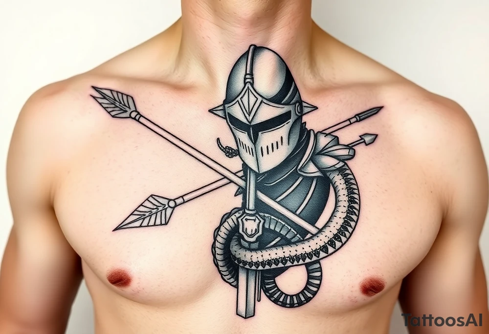 chest japan theme knight with arrow and snake tattoo idea