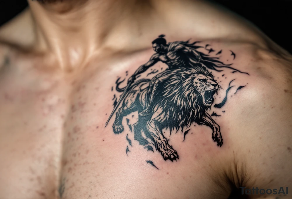Black man riding on top of lion into battle tattoo idea