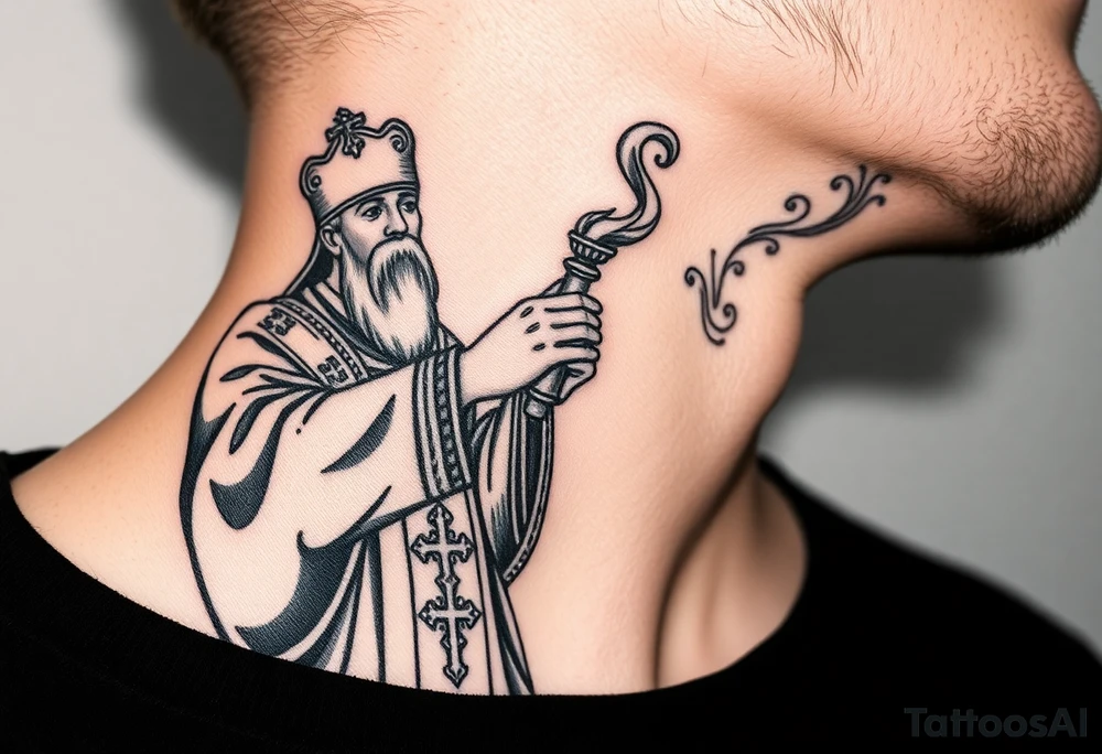 Russian Orthodox Priest in fully detailed vestment swinging a censer with smoke curling upward tattoo idea