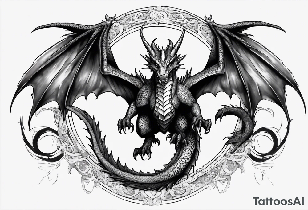 Symmetrical, Realistic dragon, facing forward. With both wings spread out. Torn look to wings. Tails wraps down and has a morning star weapon at the end of tail. The tattoo would be suitable for the centre of a chest tattoo idea