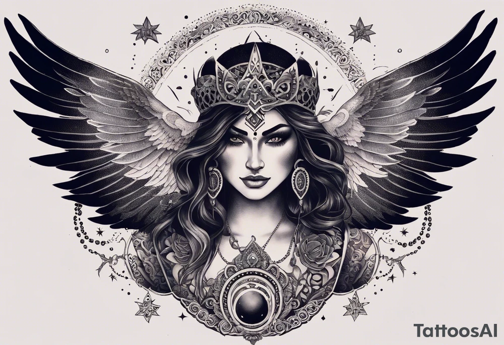 black kali, goddess pirate, alien, angel, pachamama, valkrye, warrior, flying, skull, lotus azul, wing, eagle, zenza resonance, stars, 5D, anahata chakra, death, durga, riding on a tiger, flying lady, chest tatoo tattoo idea