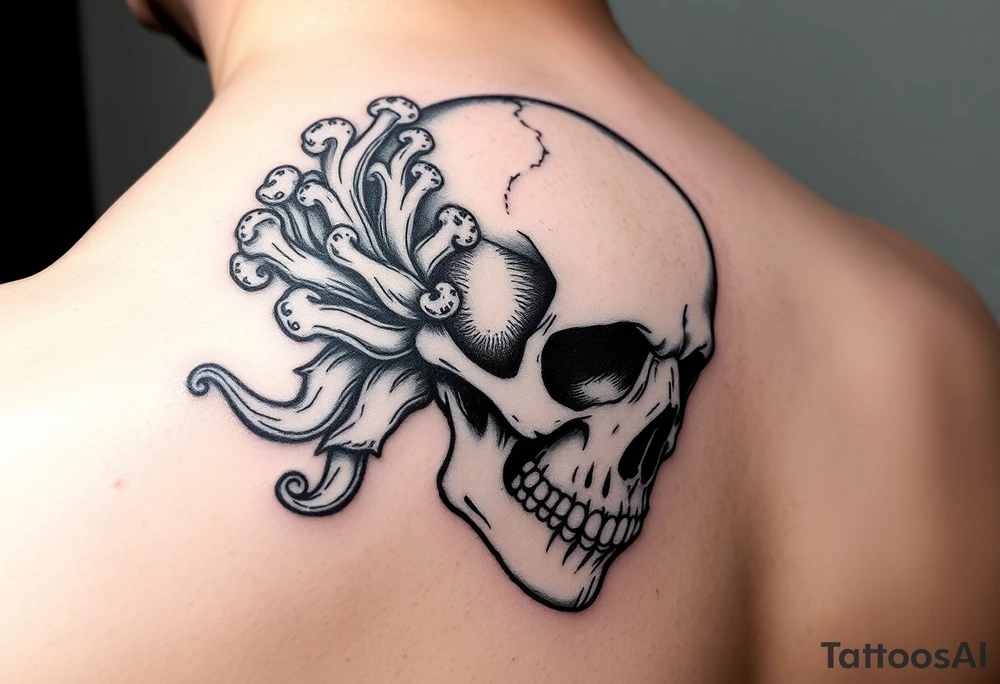 right side of a skull with majestic fungus out of its eyes and mouth tattoo idea