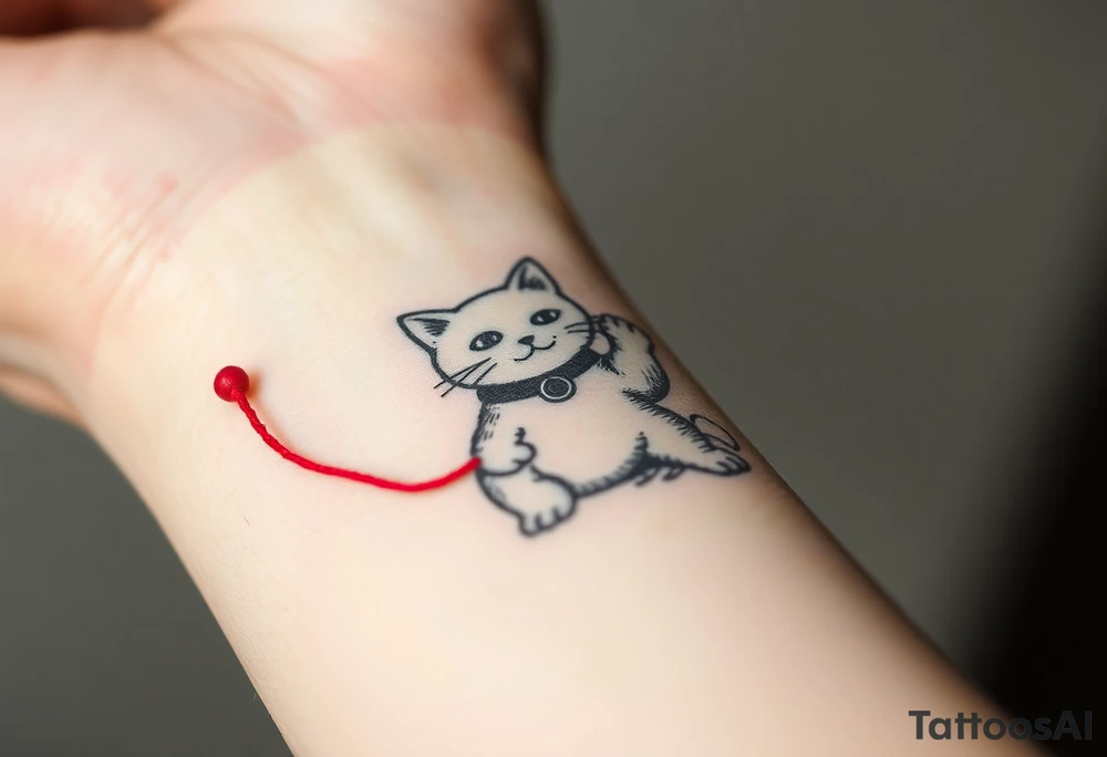 chinese chopsticks with a red thread by the end of it,
about 5cm long , 1 cm wide
it goes into the anterior part of the left wrist
besides the chopstick lies a chinese cat drawing waving its right arm tattoo idea